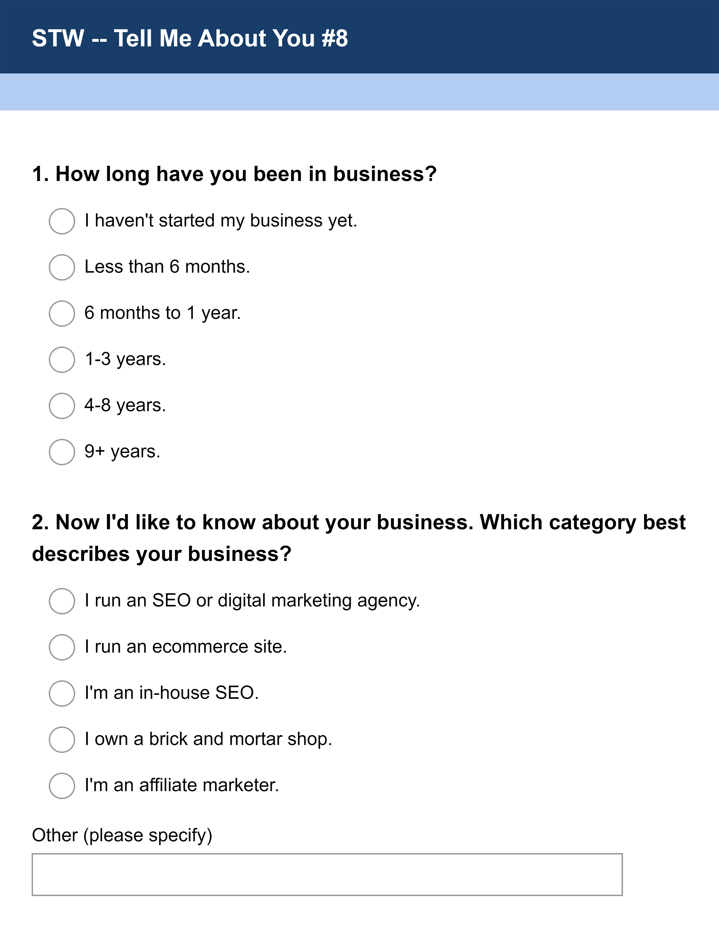 STW survey questions STW survey questions
