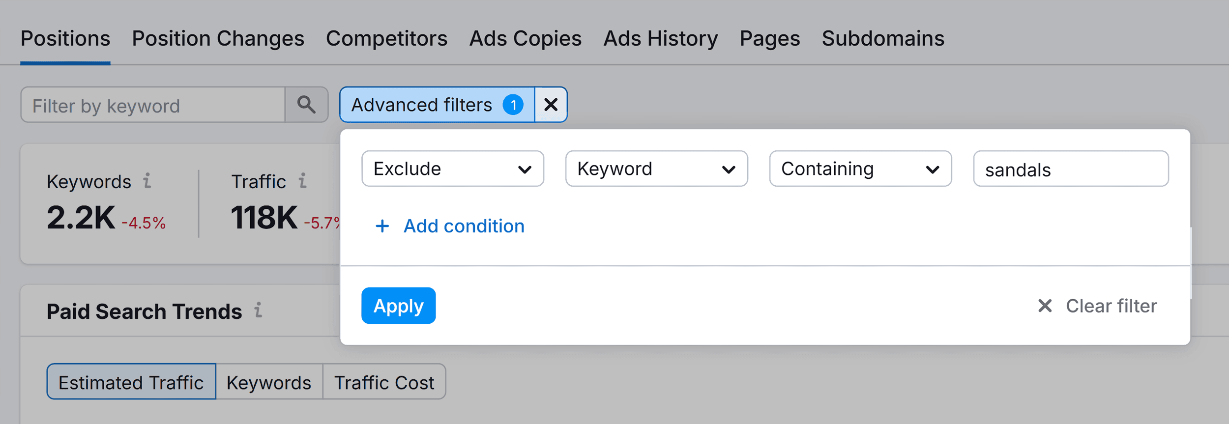 Advertising Research – Positions – Advanced filters